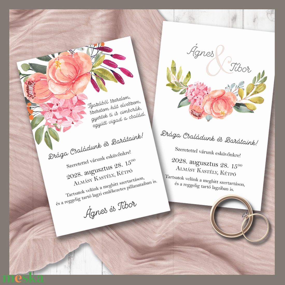 Esküvői meghívó tarka barackos virág bokrétával - esküvő - meghívó & kártya - meghívó - Meska.hu