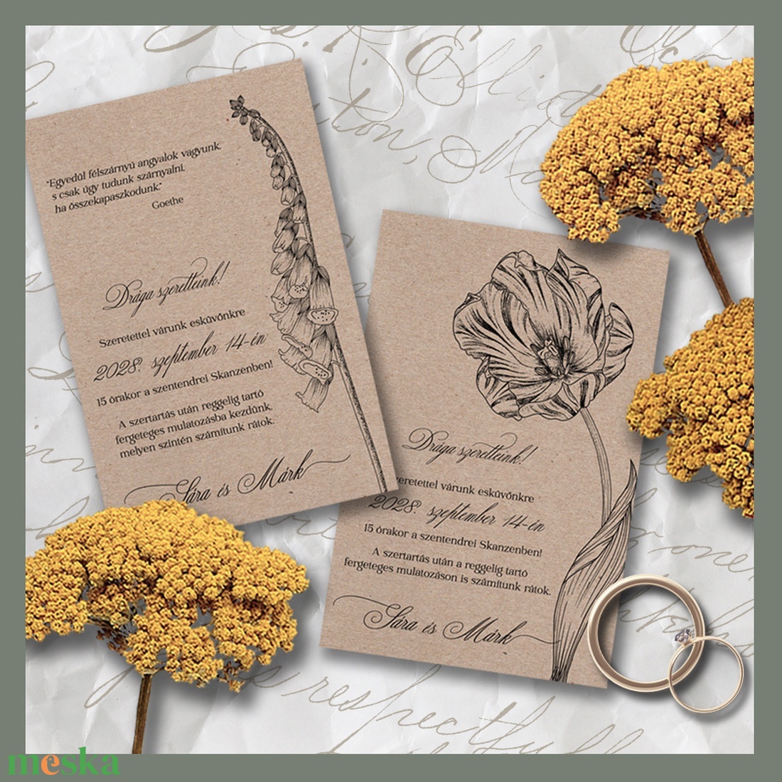 Kraft esküvői meghívó vintage nagy virágos vonalrajzzal - esküvő - meghívó & kártya - meghívó - Meska.hu