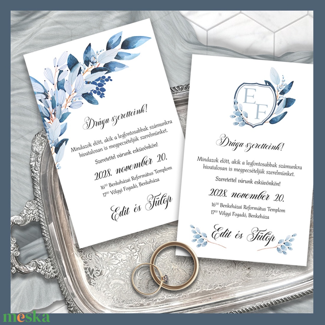 Esküvői meghívó kék leveles ágakkal - esküvő - meghívó & kártya - meghívó - Meska.hu