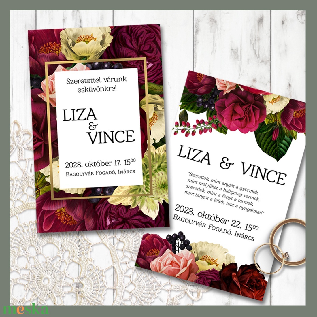 Esküvői meghívó vintage bordós virágokkal - esküvő - meghívó & kártya - meghívó - Meska.hu