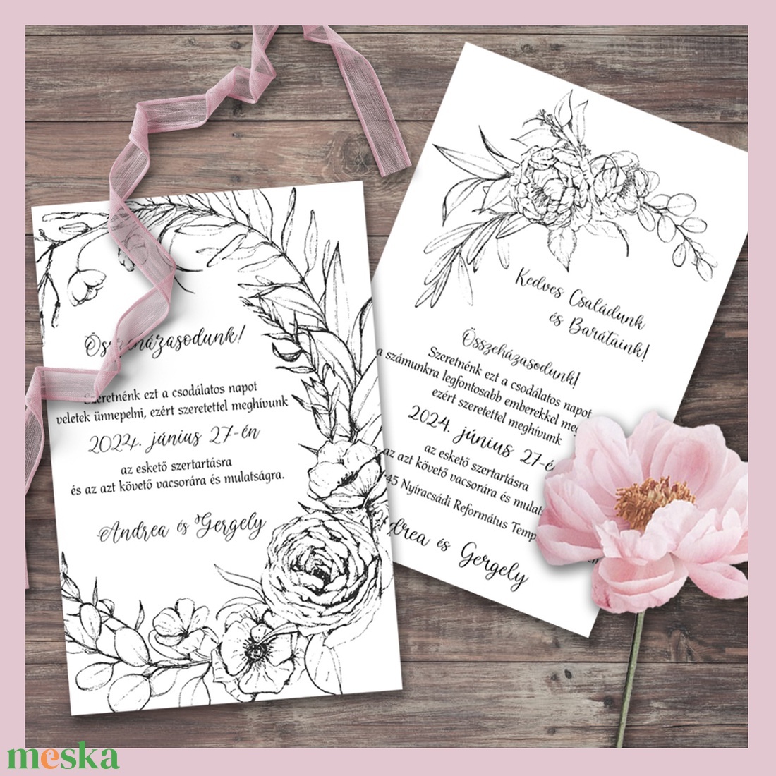 Esküvői meghívó fekete-fehér ceruzarajzzal - esküvő - meghívó & kártya - meghívó - Meska.hu