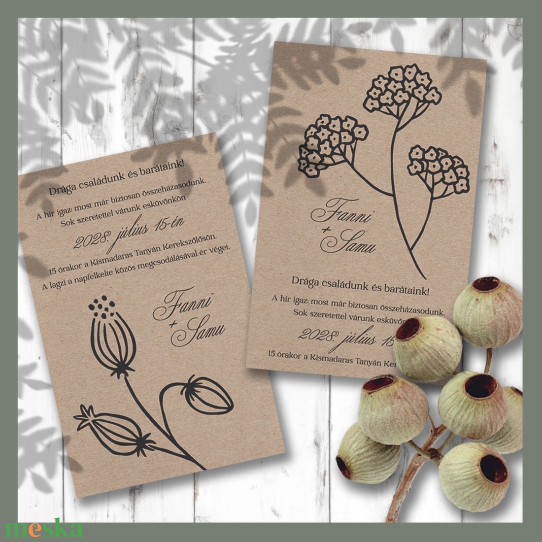 Kraft esküvői meghívó nagy, tussal rajzolt vadvirágokkal - esküvő - meghívó & kártya - meghívó - Meska.hu