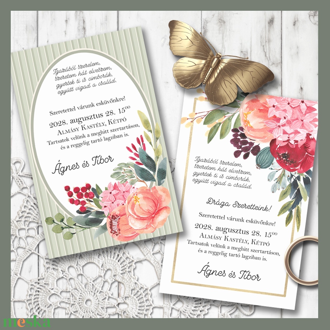 Esküvői meghívó akvarell virágokkal, kerettel - esküvő - meghívó & kártya - meghívó - Meska.hu