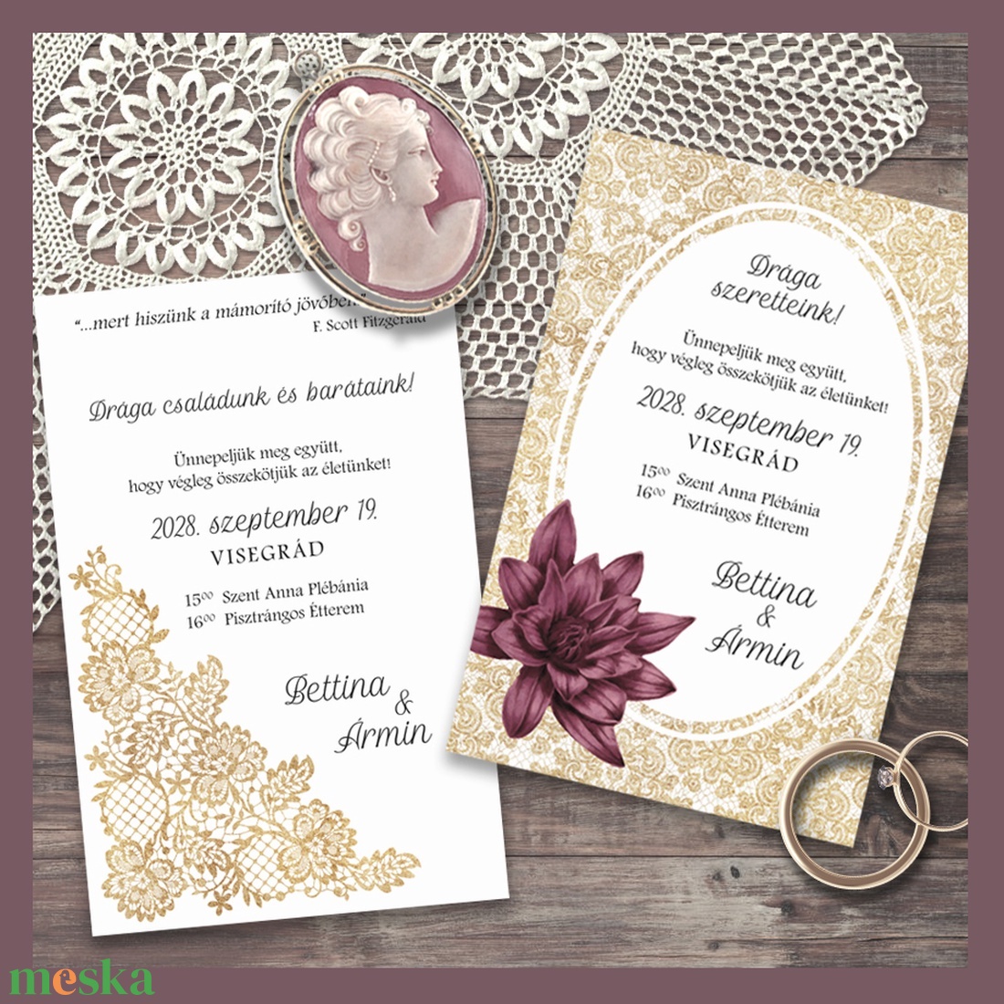Esküvői meghívó óarany csipkével - esküvő - meghívó & kártya - meghívó - Meska.hu