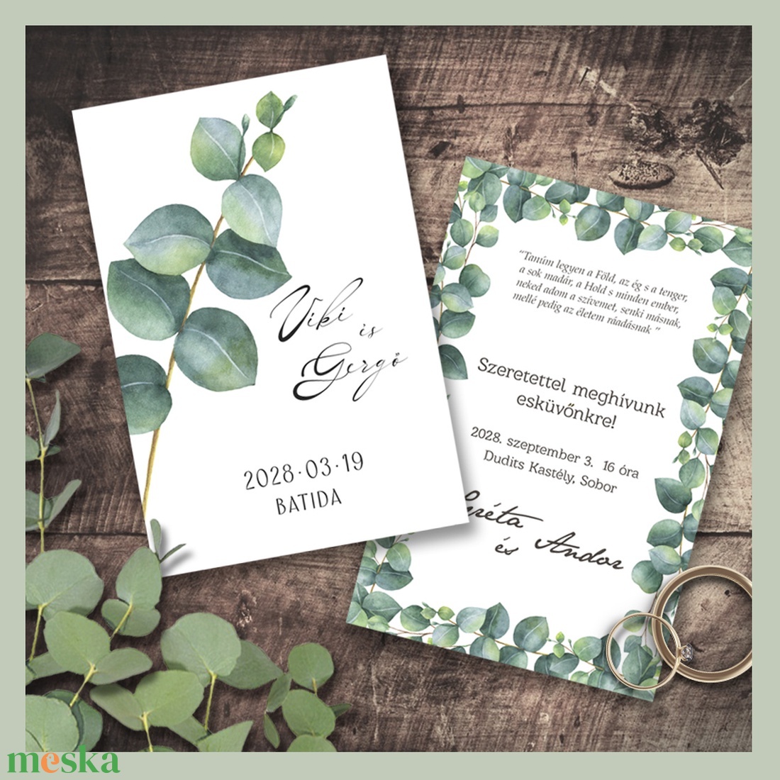Esküvői meghívó festett eukaliptusz levelekkel - esküvő - meghívó & kártya - meghívó - Meska.hu