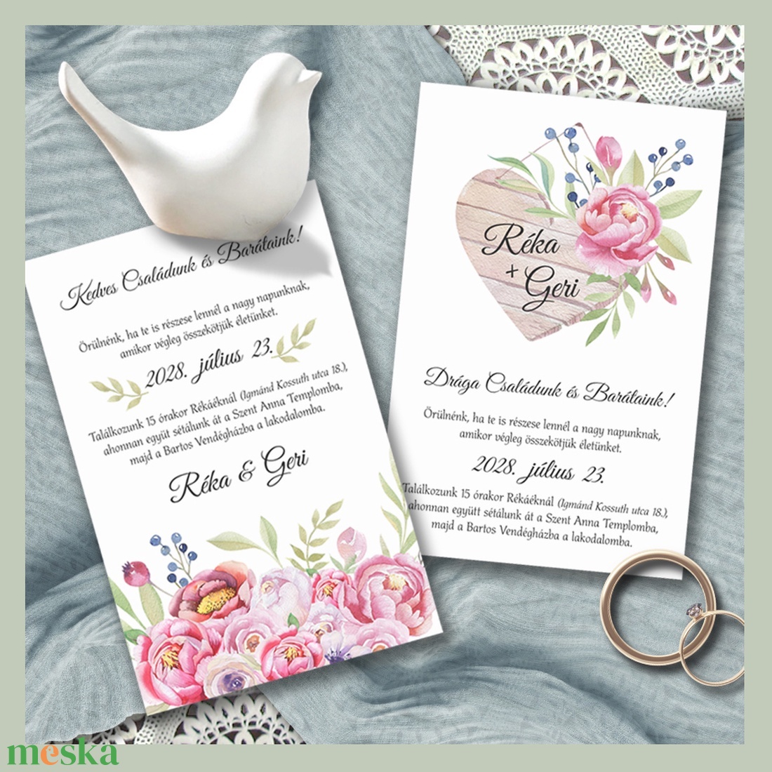 Esküvői meghívó pink virágokkal - esküvő - meghívó & kártya - meghívó - Meska.hu