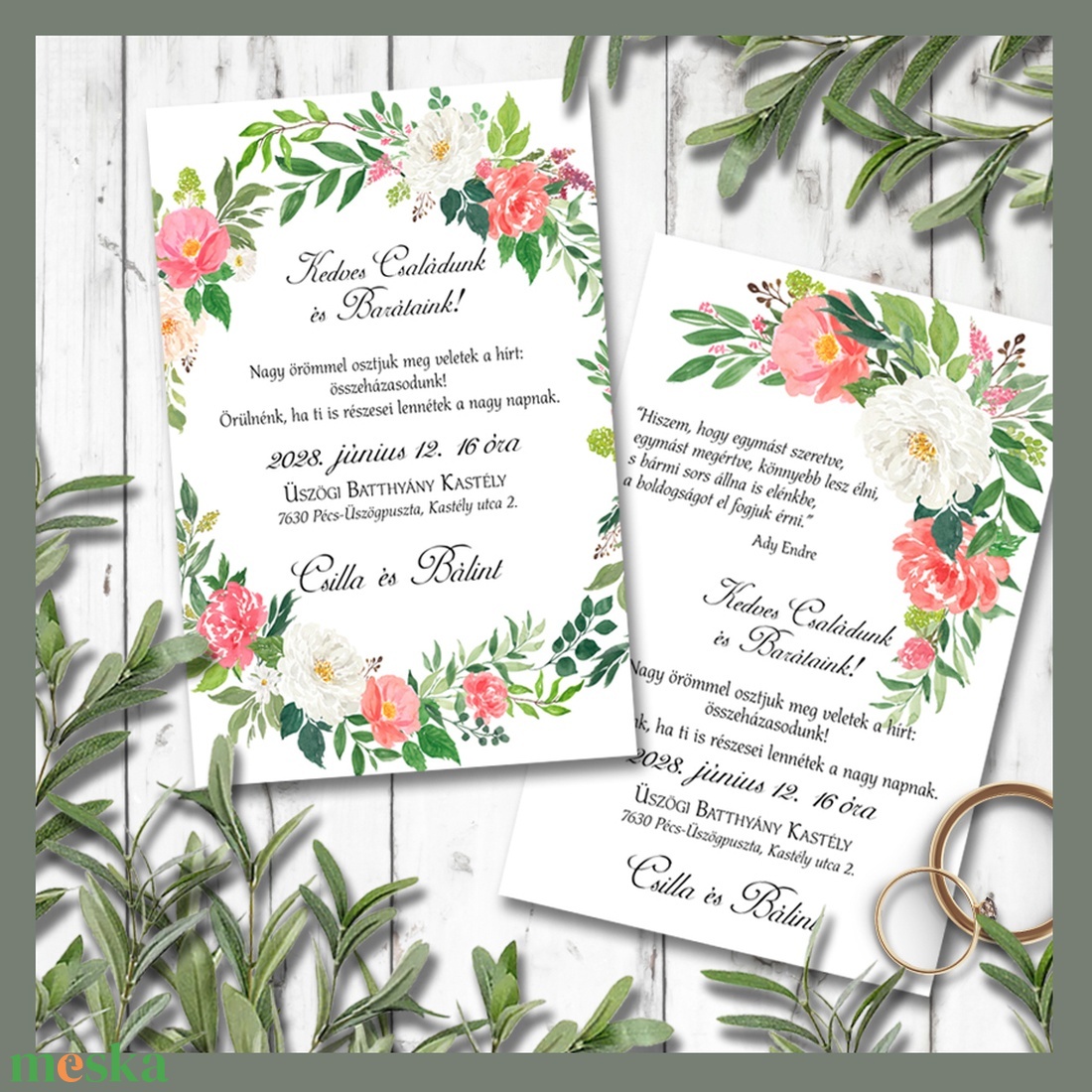Esküvői meghívó piros és fehér virágokkal - esküvő - meghívó & kártya - meghívó - Meska.hu