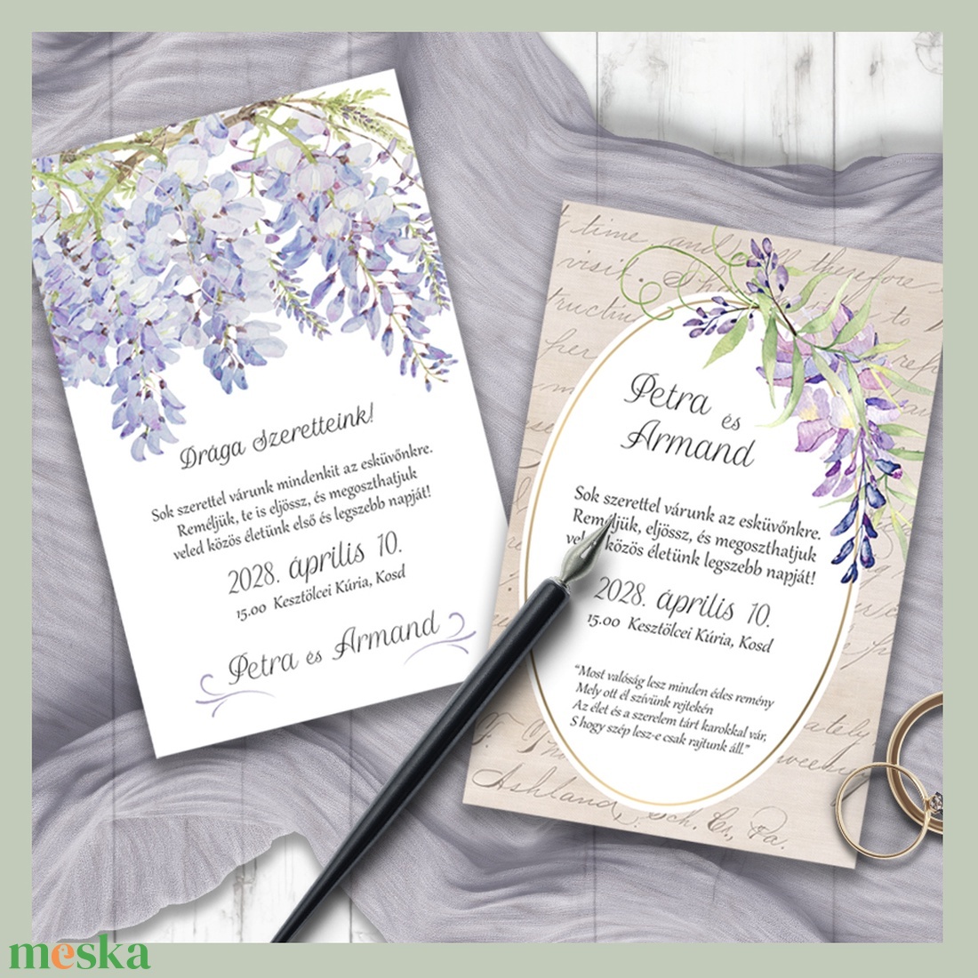 Esküvői meghívó lila akác grafikával - esküvő - meghívó & kártya - meghívó - Meska.hu