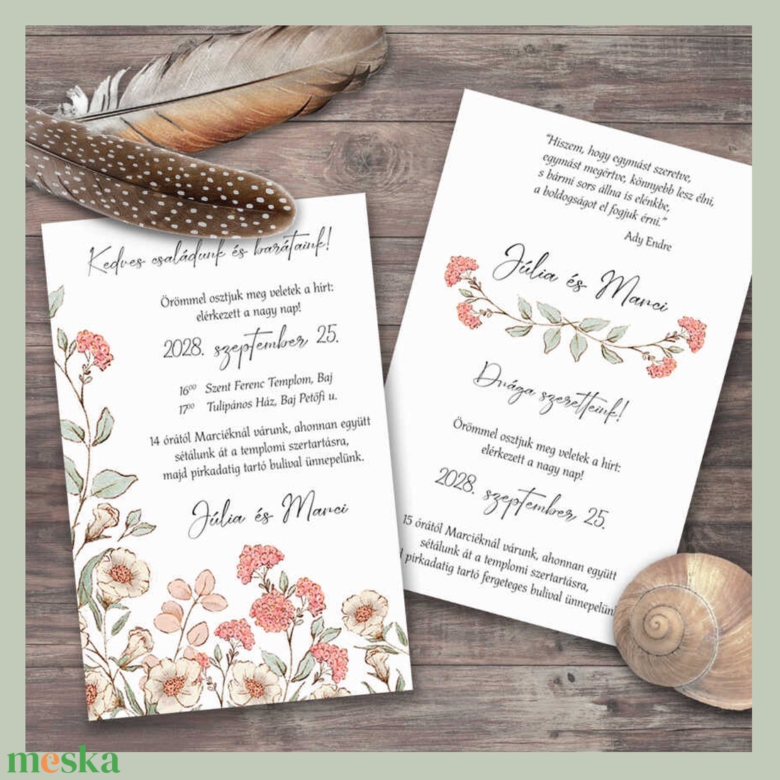 Esküvői meghívó rusztikus korall pasztelkréta virágokkal - esküvő - meghívó & kártya - meghívó - Meska.hu