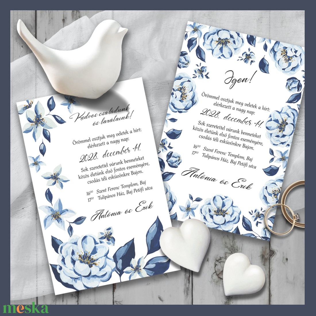 Esküvői meghívó modern kék virágokkal - esküvő - meghívó & kártya - meghívó - Meska.hu