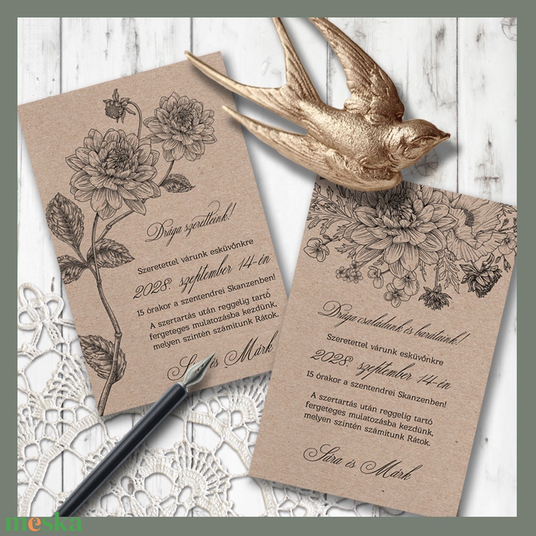 Kraft esküvői meghívó kerti virágcsokor vintage vonalrajzzal - esküvő - meghívó & kártya - meghívó - Meska.hu