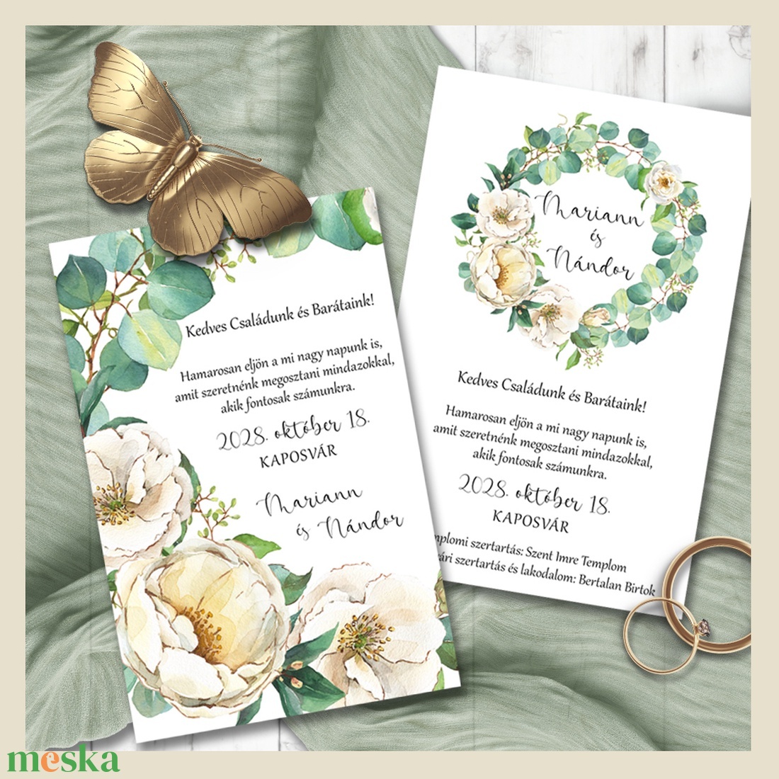 Esküvői meghívó vajszínű virágokkal és eukaliptuszágakkal - esküvő - meghívó & kártya - meghívó - Meska.hu