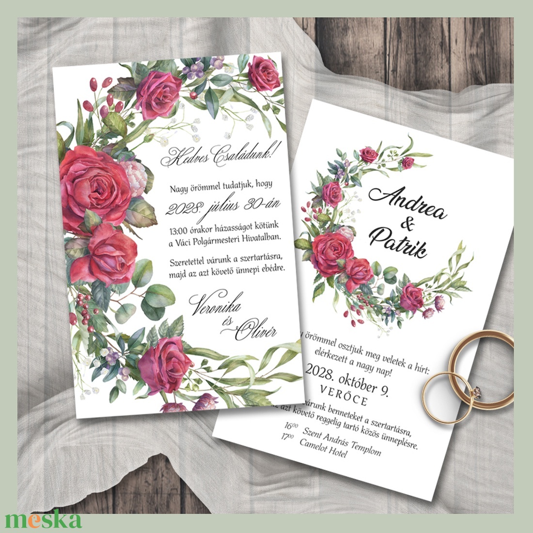 Esküvői meghívó vörösrózsa koszorú - esküvő - meghívó & kártya - meghívó - Meska.hu