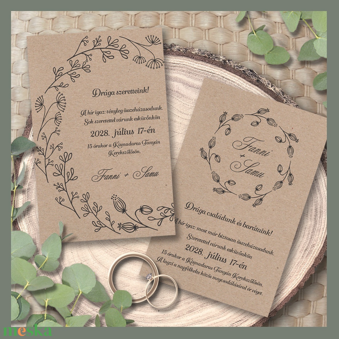 Kraft esküvői meghívó tussal rajzolt rusztikus vadvirág-koszorúval - esküvő - meghívó & kártya - meghívó - Meska.hu