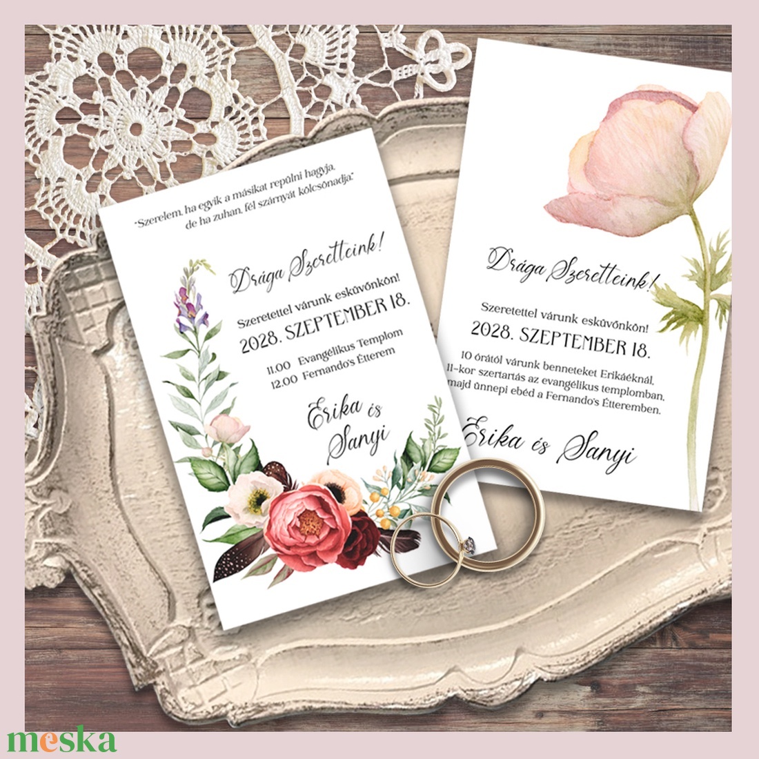 Esküvői meghívó pasztell virágokkal - esküvő - meghívó & kártya - meghívó - Meska.hu