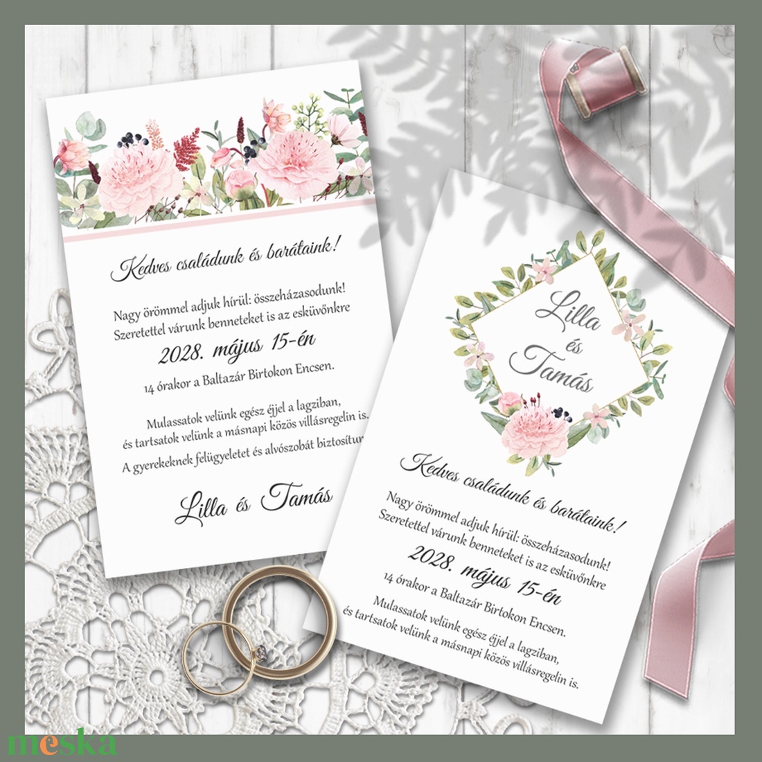 Esküvői meghívó tavaszi virágokkal - esküvő - meghívó & kártya - meghívó - Meska.hu