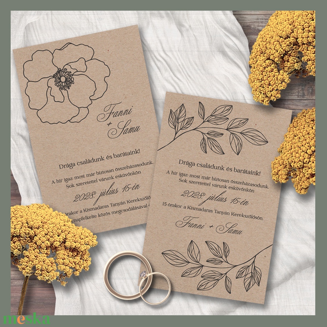 Kraft esküvői meghívó nagy minimalista line art virágokkal - esküvő - meghívó & kártya - meghívó - Meska.hu