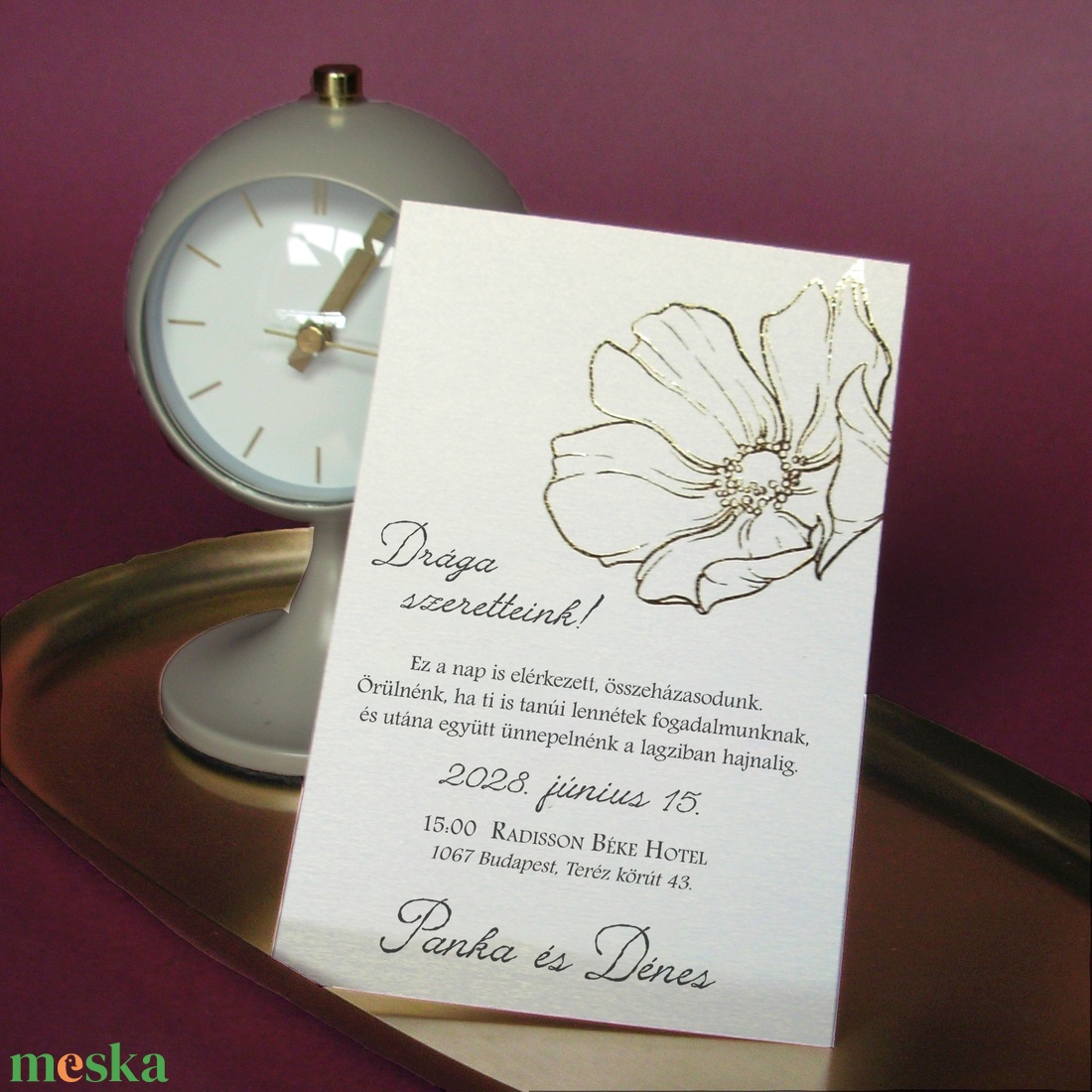 arany fóliázott esküvői meghívó nagy modern virággal - esküvő - meghívó & kártya - meghívó - Meska.hu