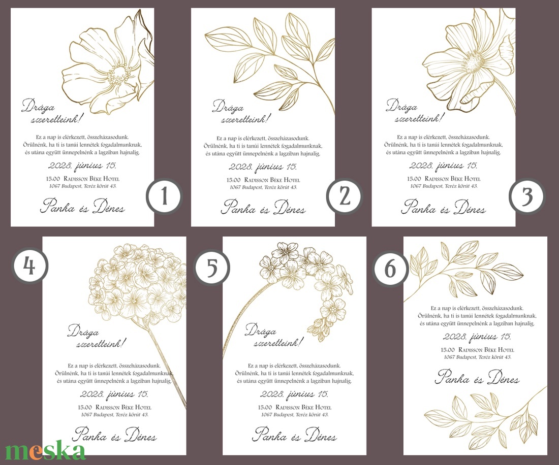 arany fóliázott esküvői meghívó nagy modern virággal - esküvő - meghívó & kártya - meghívó - Meska.hu