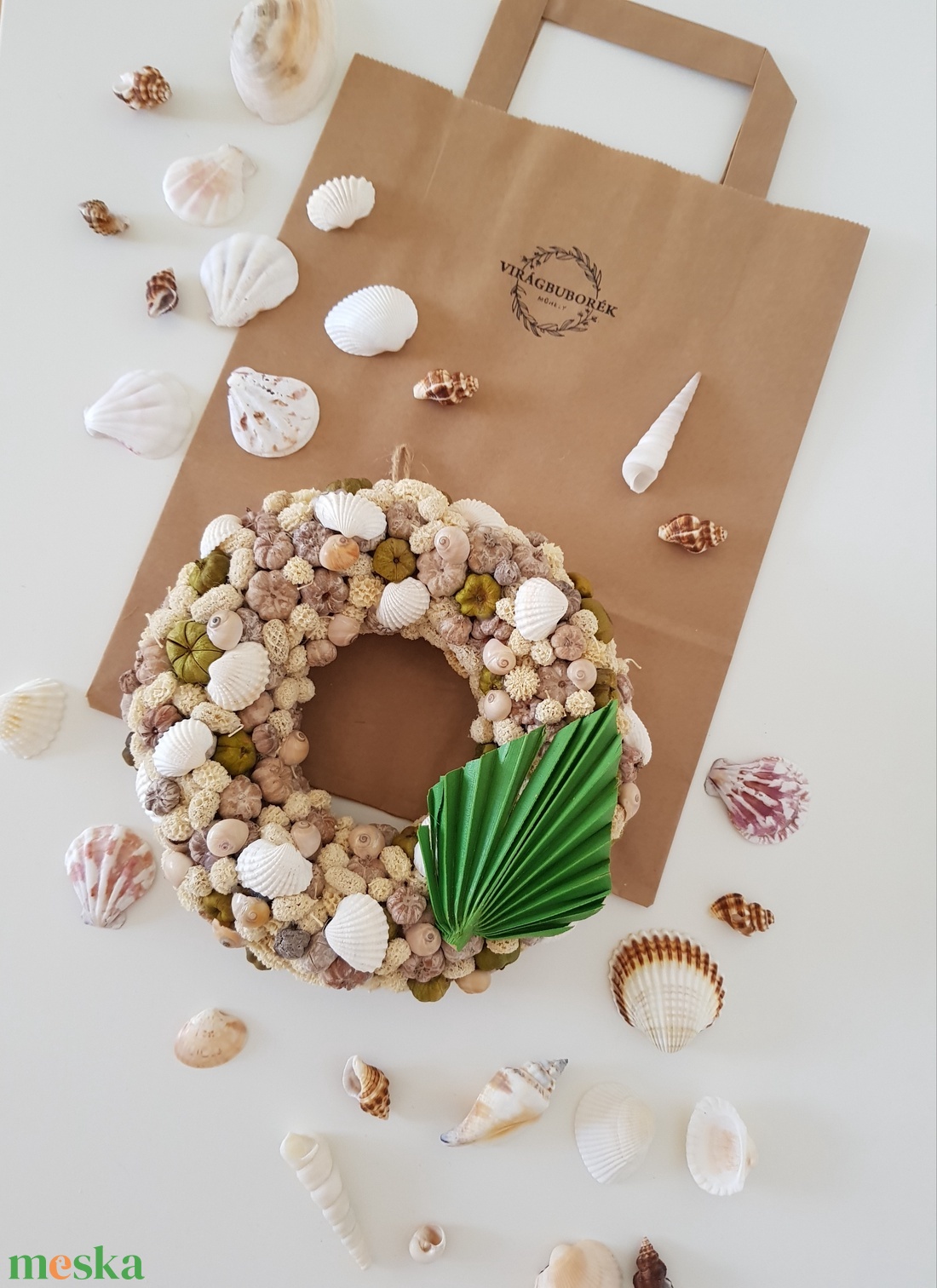 Nyári kopogtató - Zöld növénnyel +AJÁNDÉK Kagyló csomag  - otthon & életmód - dekoráció - ajtó- és ablak dekoráció - ajtódísz & kopogtató - Meska.hu