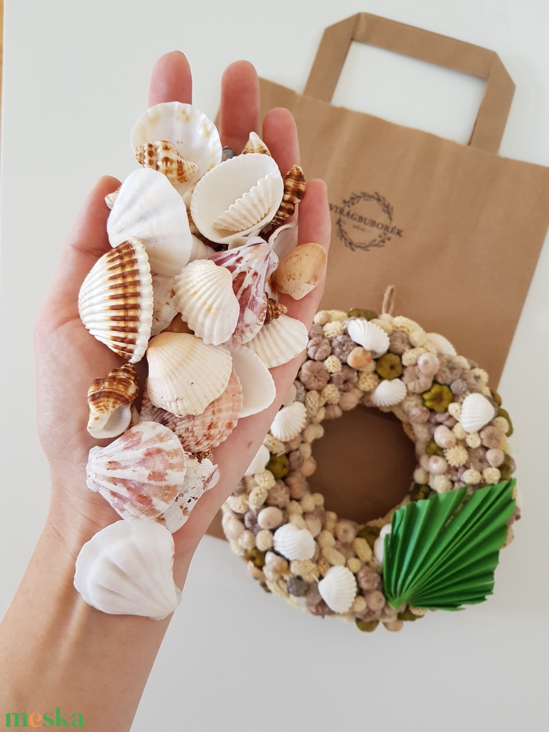 Nyári kopogtató - Zöld növénnyel +AJÁNDÉK Kagyló csomag  - otthon & életmód - dekoráció - ajtó- és ablak dekoráció - ajtódísz & kopogtató - Meska.hu