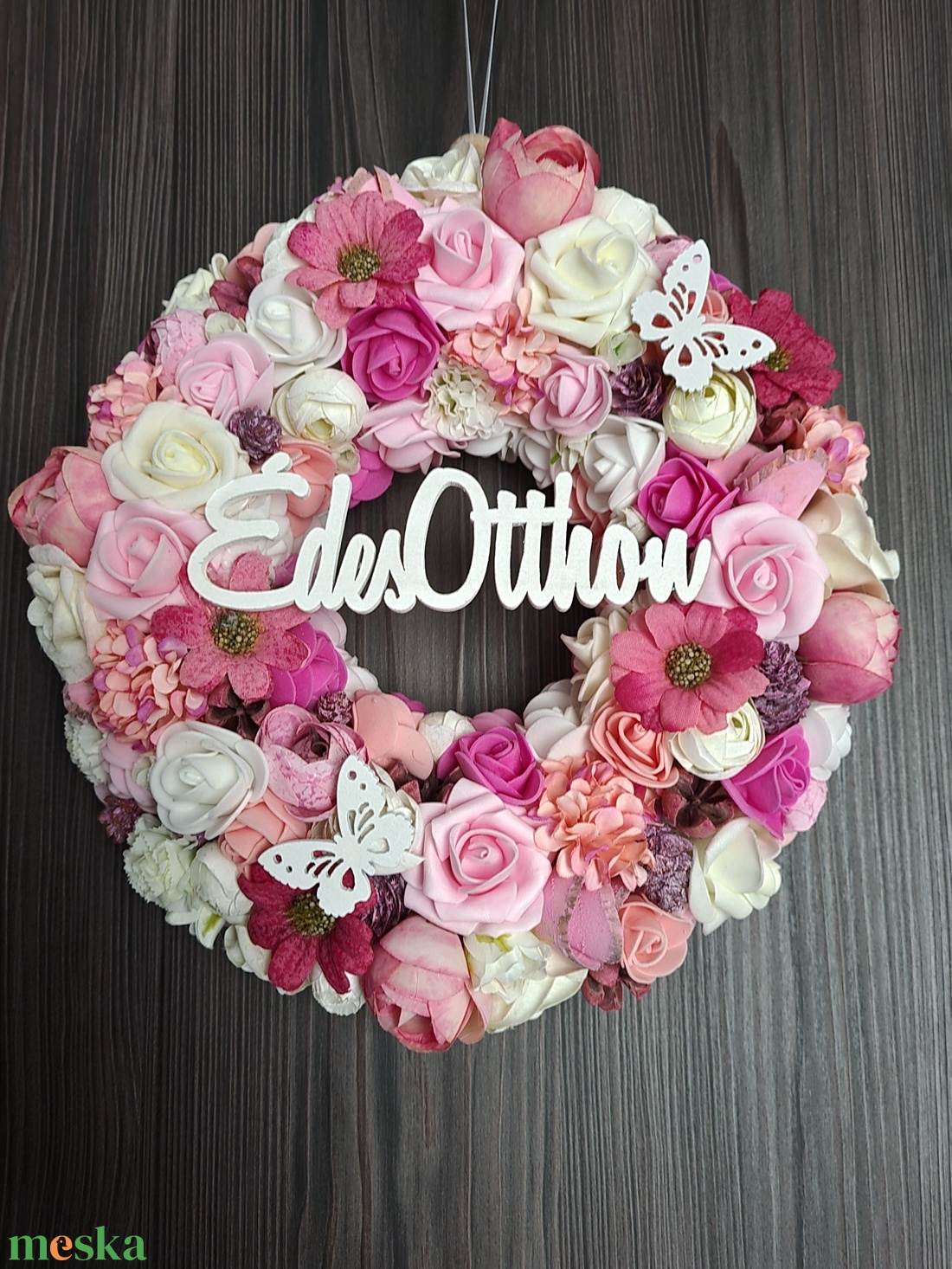 Rózsaszín fehér kopogtató ajtódísz - otthon & életmód - dekoráció - ajtó- és ablak dekoráció - ajtódísz & kopogtató - Meska.hu