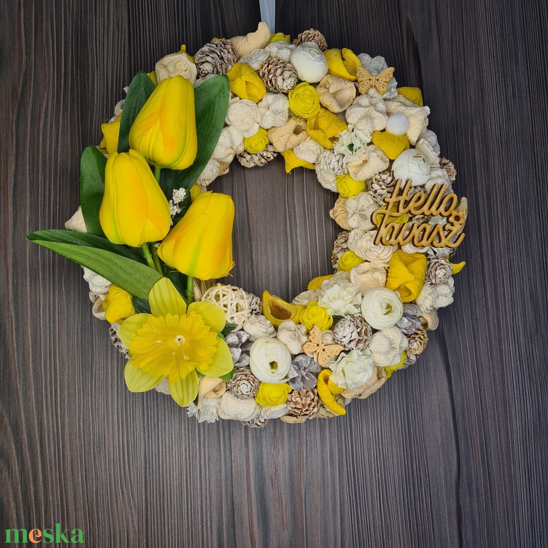 Fehér-sárga tavaszi kopogtató - otthon & életmód - dekoráció - ajtó- és ablak dekoráció - ajtódísz & kopogtató - Meska.hu