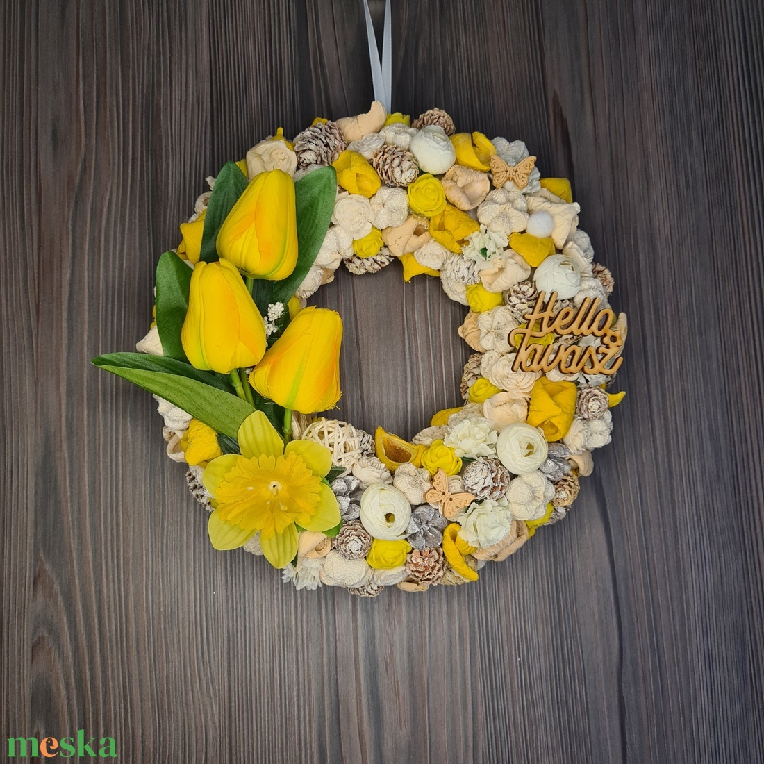 Fehér-sárga tavaszi kopogtató - otthon & életmód - dekoráció - ajtó- és ablak dekoráció - ajtódísz & kopogtató - Meska.hu