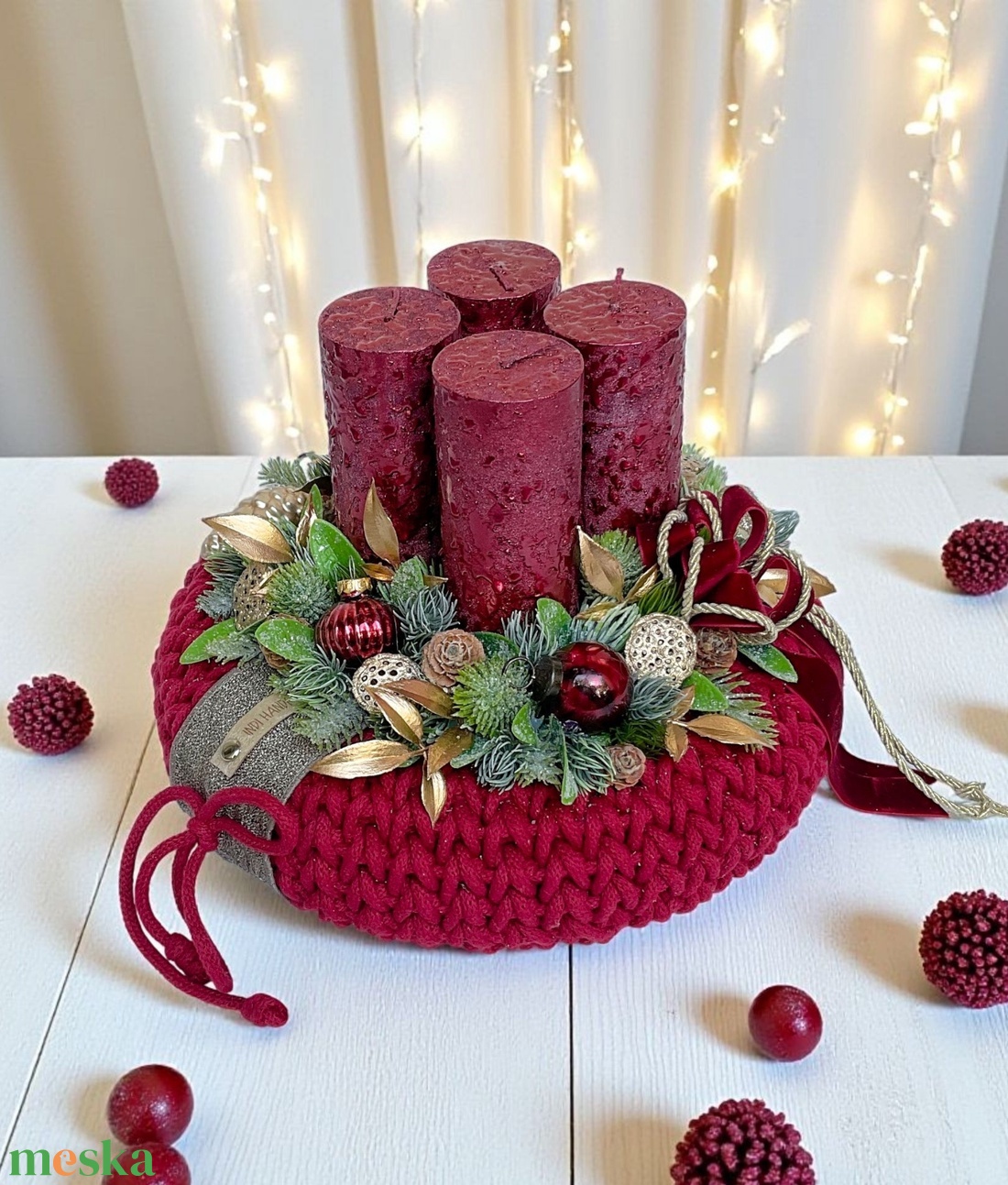Elegáns adventi koszorú meggy piros színben - karácsony - adventi díszek - adventi gyertyadíszek és koszorúdíszek - Meska.hu Elegáns adventi koszorú meggy piros színben - karácsony - adventi díszek - adventi gyertyadíszek és koszorúdíszek - Meska.hu