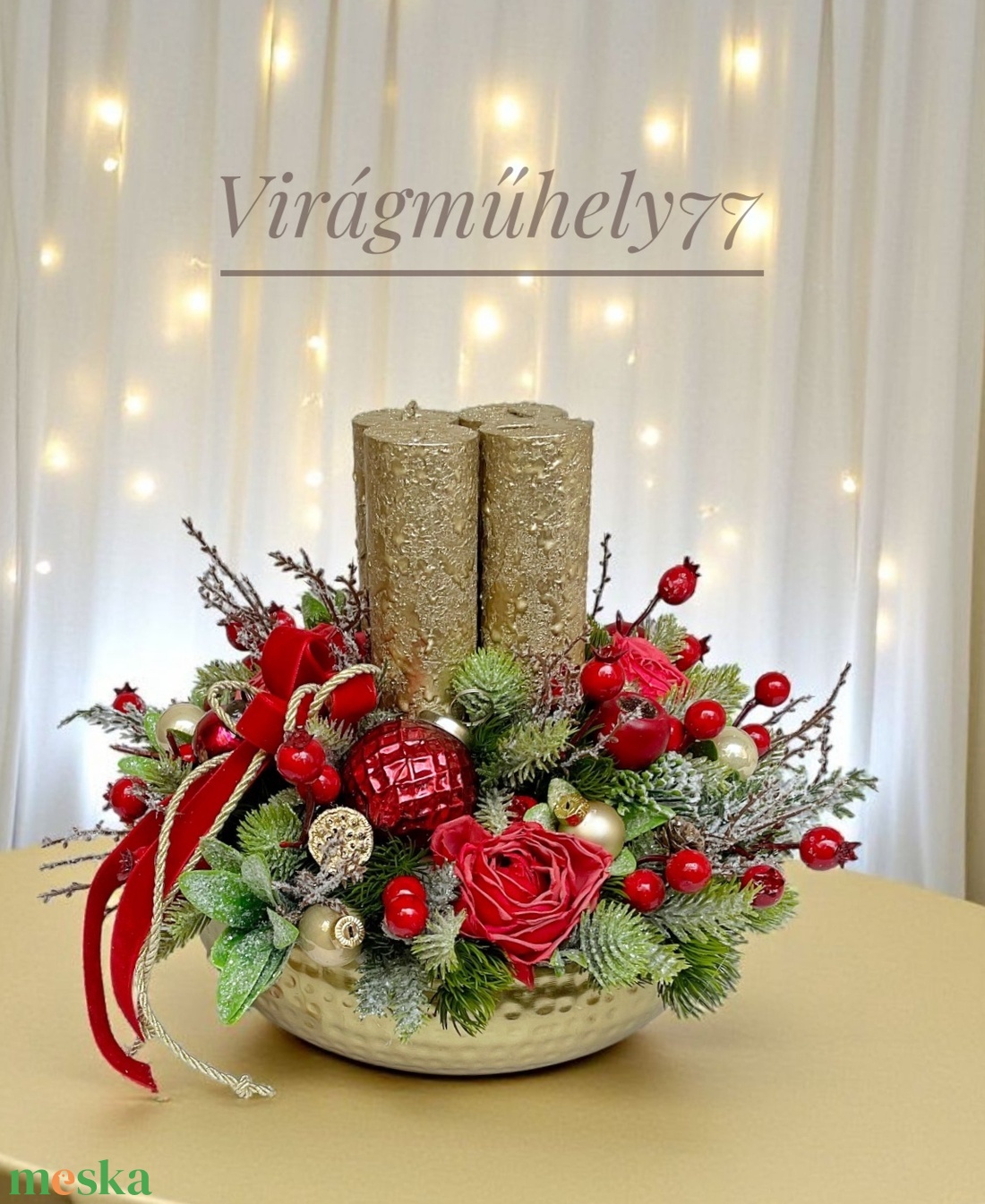Elegáns adventi piros arany - karácsony - adventi díszek - adventi koszorú - Meska.hu
