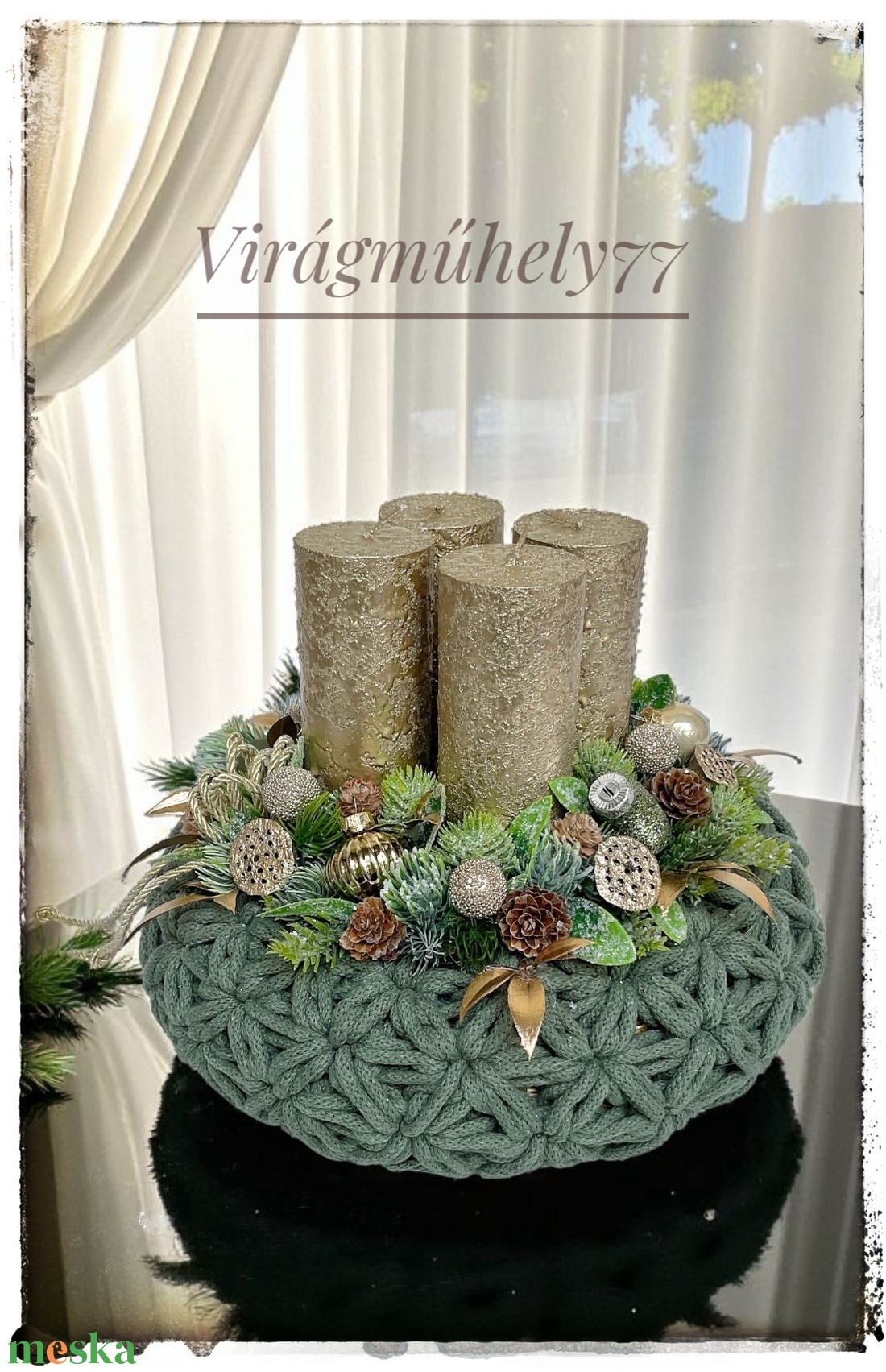 Elegáns adventi koszorú arany, zöld színekben - karácsony - adventi díszek - adventi gyertyadíszek és koszorúdíszek - Meska.hu Elegáns adventi koszorú arany, zöld színekben - karácsony - adventi díszek - adventi gyertyadíszek és koszorúdíszek - Meska.hu