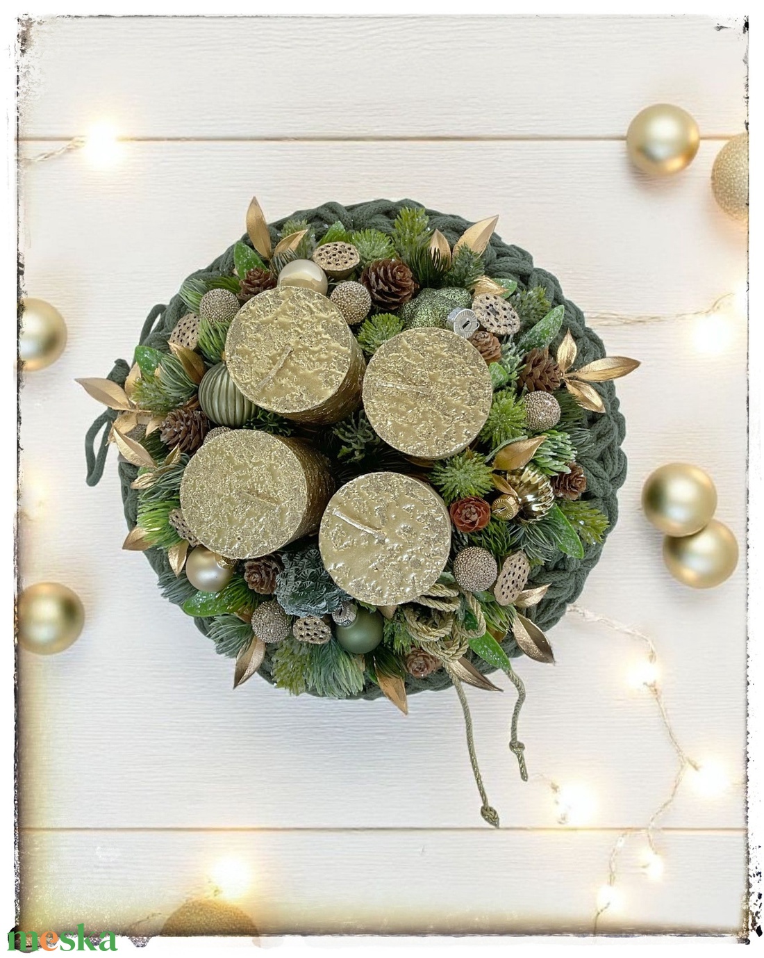 Elegáns adventi koszorú arany, zöld színekben - karácsony - adventi díszek - adventi gyertyadíszek és koszorúdíszek - Meska.hu Elegáns adventi koszorú arany, zöld színekben - karácsony - adventi díszek - adventi gyertyadíszek és koszorúdíszek - Meska.hu