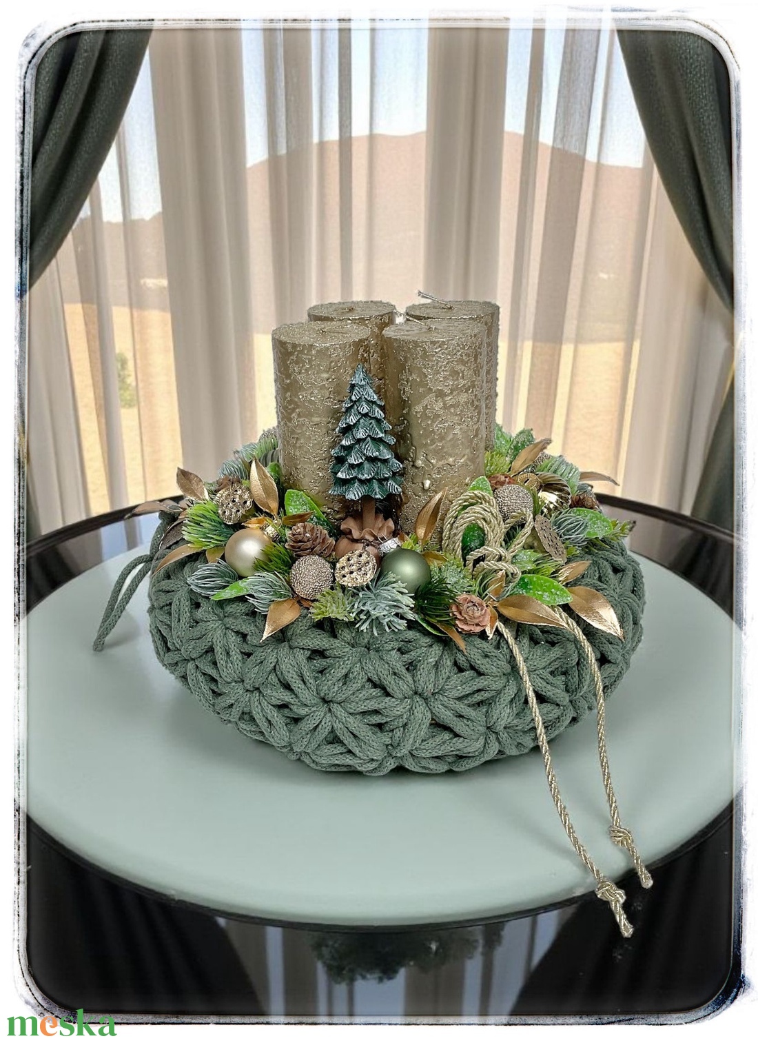 Elegáns adventi koszorú arany, zöld színekben - karácsony - adventi díszek - adventi gyertyadíszek és koszorúdíszek - Meska.hu Elegáns adventi koszorú arany, zöld színekben - karácsony - adventi díszek - adventi gyertyadíszek és koszorúdíszek - Meska.hu
