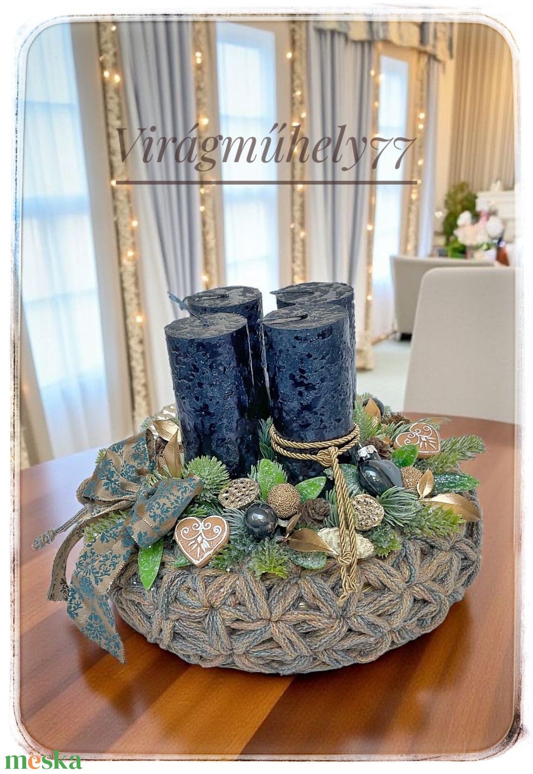 Elegáns adventi koszorú arany, kék színekben - karácsony - adventi díszek - adventi gyertyadíszek és koszorúdíszek - Meska.hu