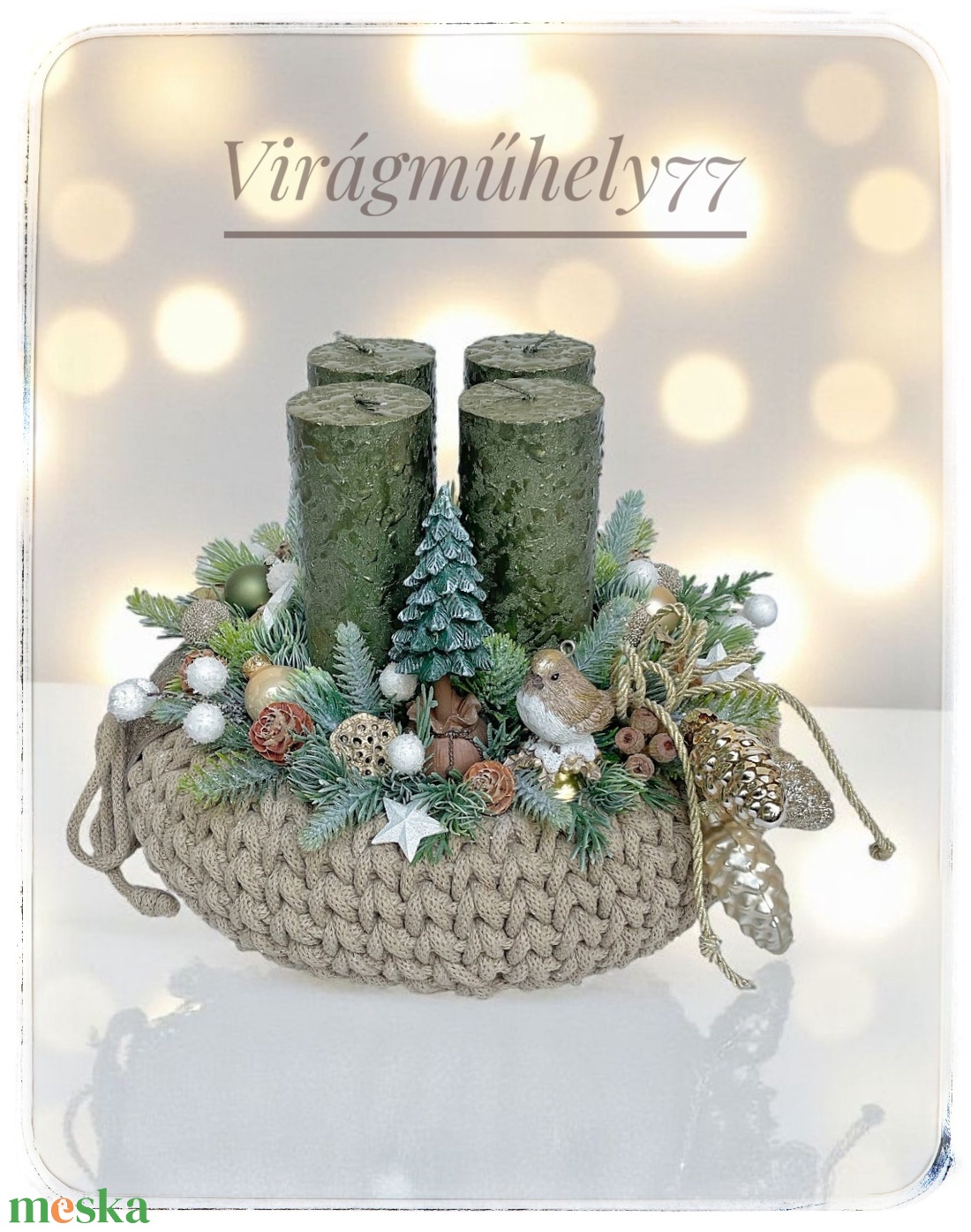 Elegáns adventi koszorú arany, bézs, zöld színekben - karácsony - adventi díszek - adventi gyertyadíszek és koszorúdíszek - Meska.hu