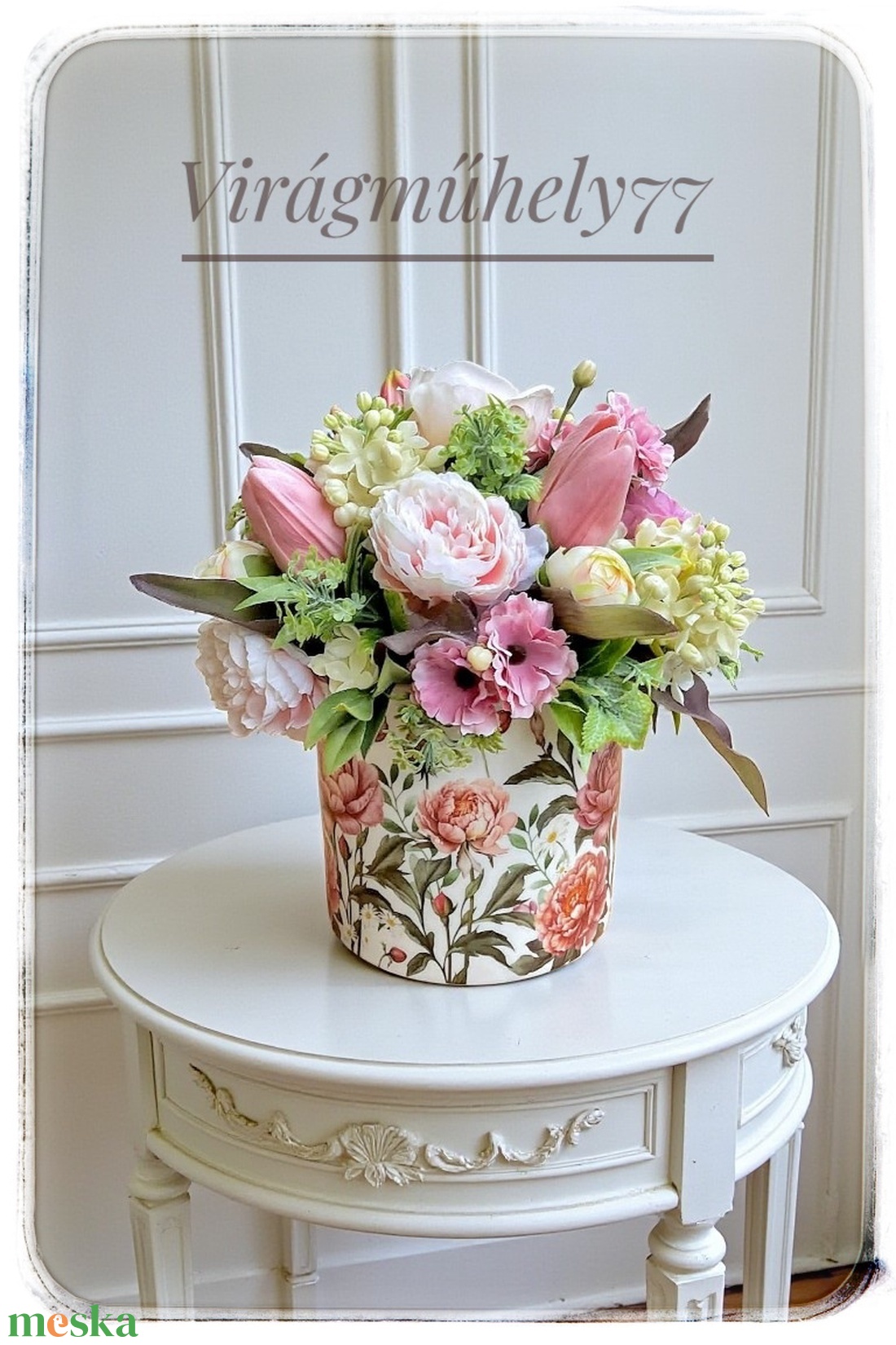 Bazsarózsás asztaldísz kerámia kaspóban � 25 x 29 cm - otthon & életmód - virágdekoráció - virágdíszek - asztali virágdísz - Meska.hu