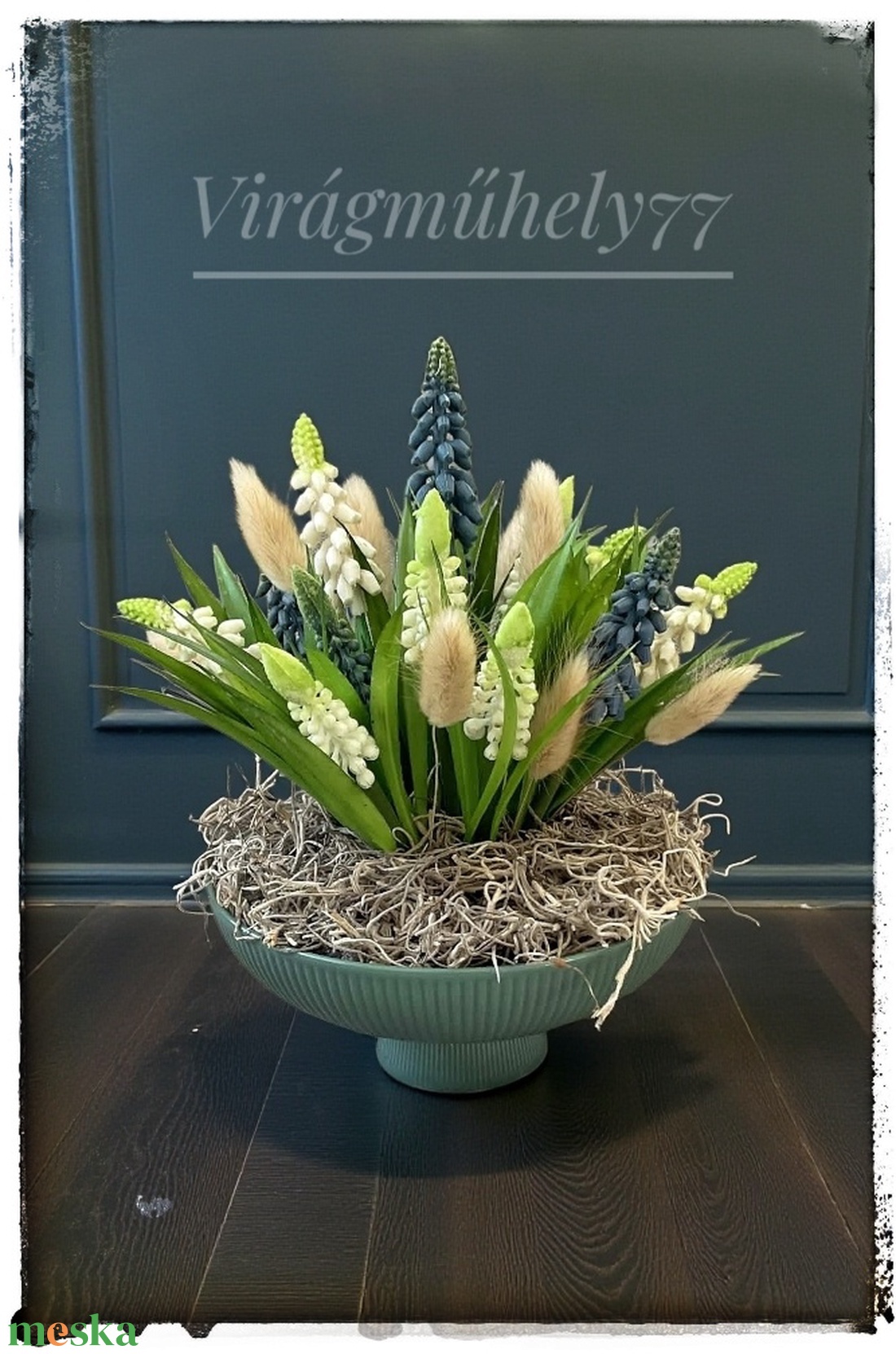 Fürtösgyöngyike asztaldísz kerámia talpas tálban - otthon & életmód - virágdekoráció - virágdíszek - asztali virágdísz - Meska.hu