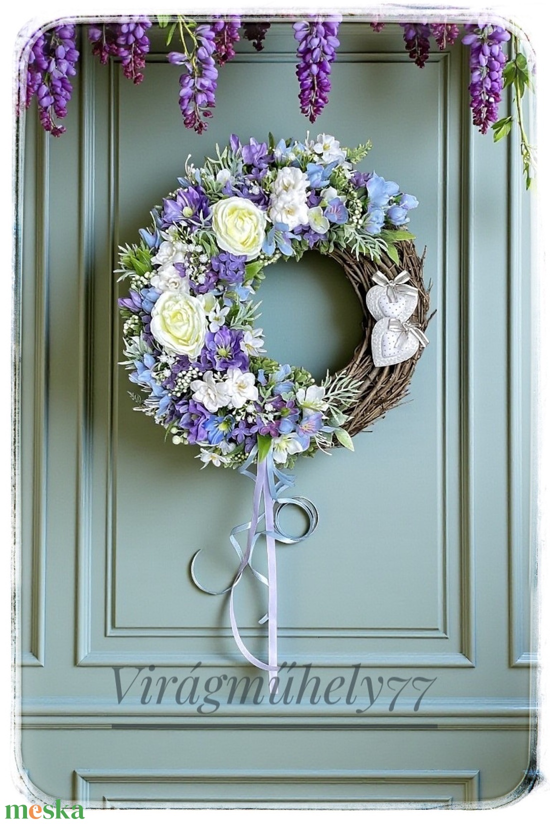 Bridgerton stílusban készült tavaszi kopogtató  - otthon & életmód - virágdekoráció - virágdíszek - dekor koszorúk, kopogtatók - Meska.hu