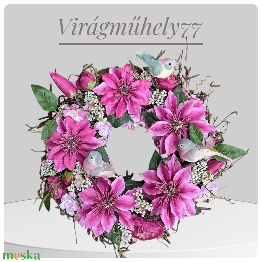 Klematisz kopogtató madárkákkal - otthon & életmód - virágdekoráció - virágdíszek - dekor koszorúk, kopogtatók - Meska.hu