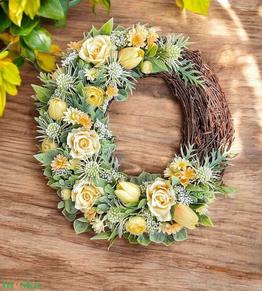 Vegyes virágos sárga kopogtató  - otthon & életmód - dekoráció - ajtó- és ablak dekoráció - ajtódísz & kopogtató - Meska.hu