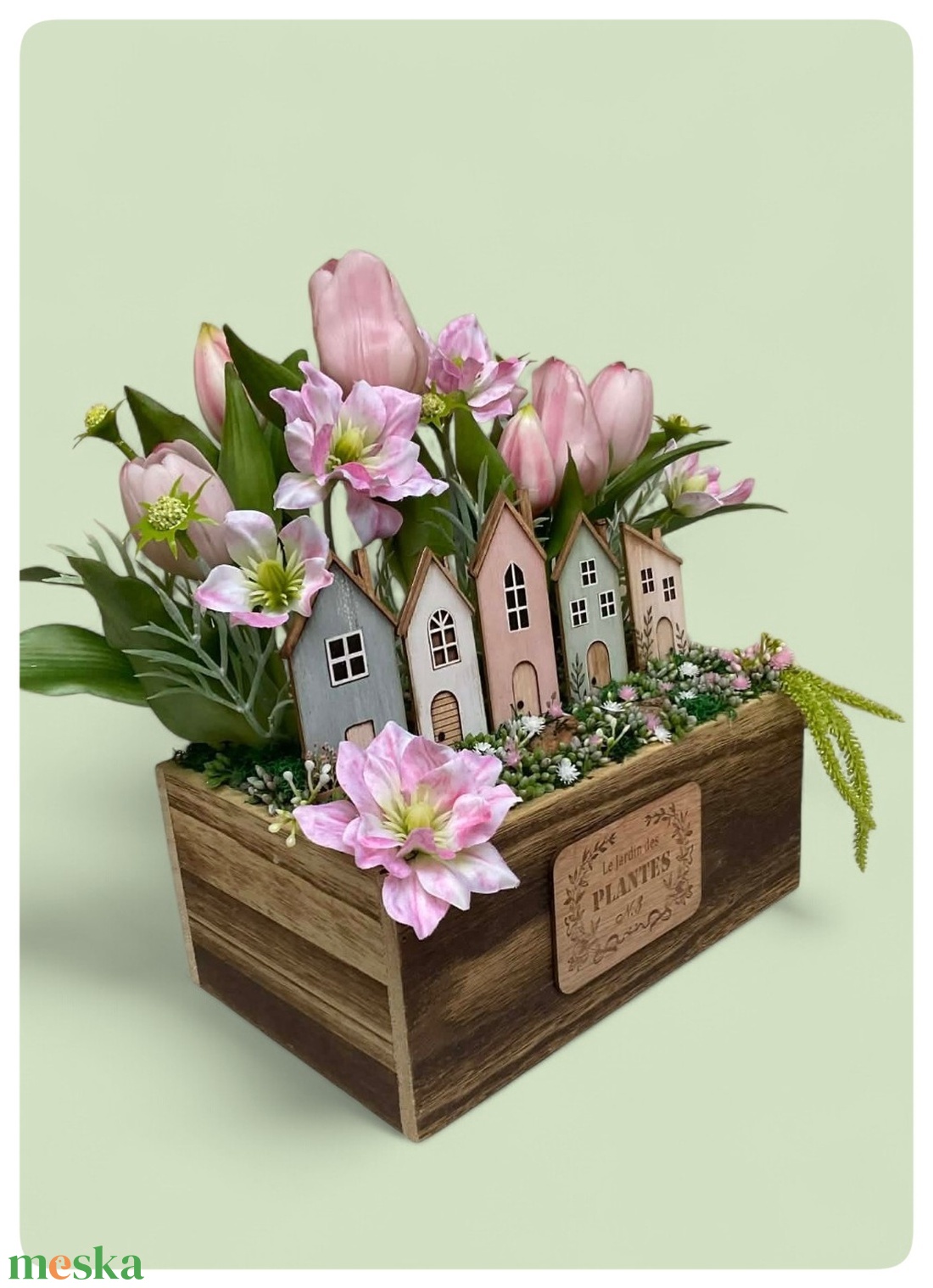 Fa ládikóba készült házikós tavaszi dísz - otthon & életmód - virágdekoráció - virágdíszek - asztali virágdísz - Meska.hu