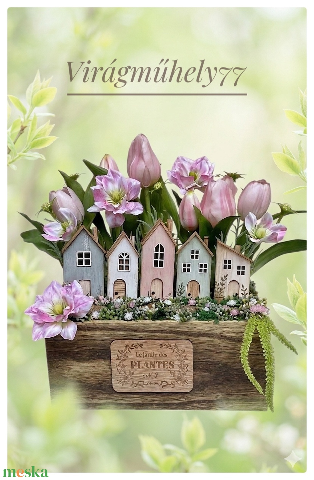 Fa ládikóba készült házikós tavaszi dísz - otthon & életmód - virágdekoráció - virágdíszek - asztali virágdísz - Meska.hu