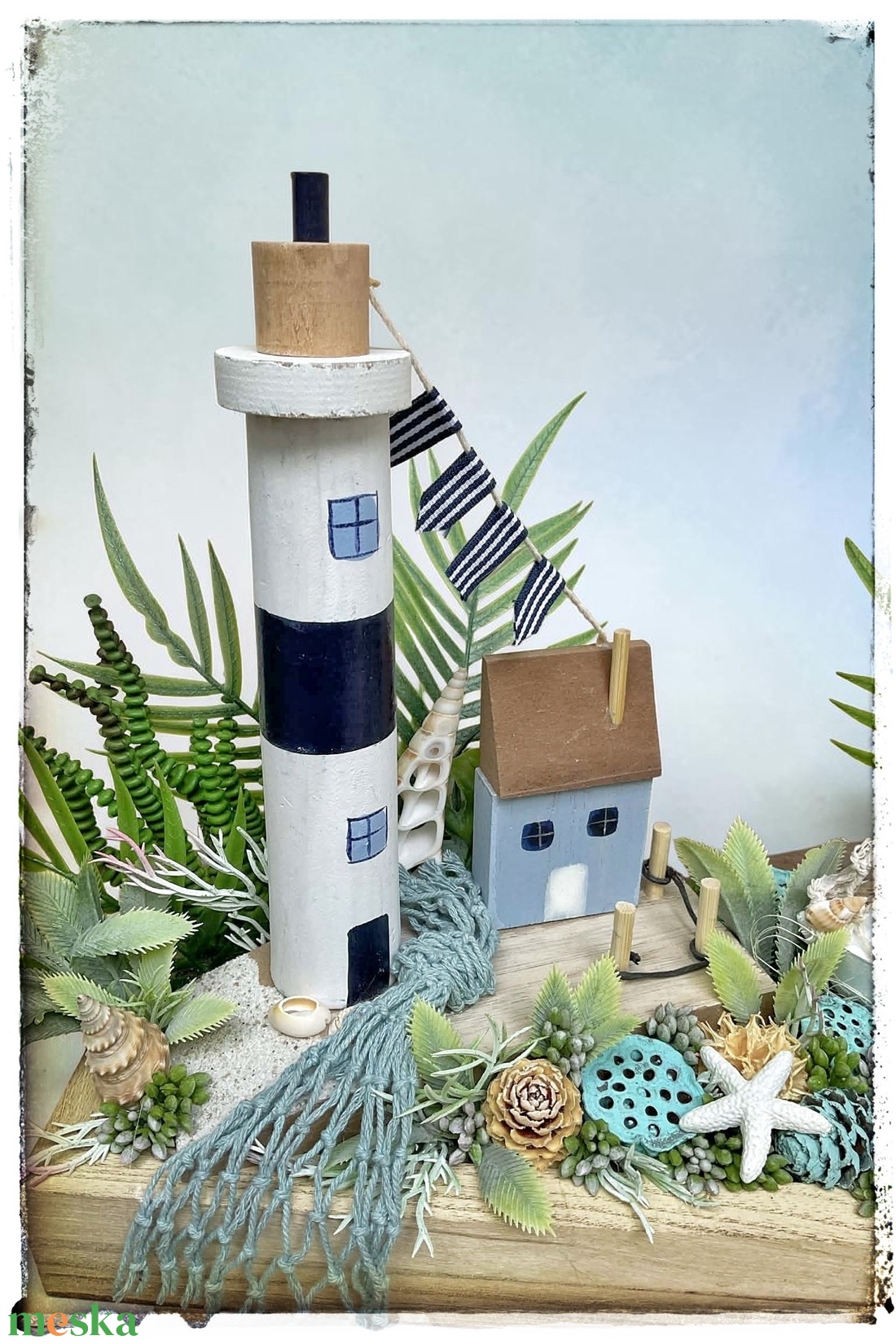 Tengerparti hangulatú dekor tálca világítótoronnyal � 32 x 12 x 28 cm - otthon & életmód - dekoráció - asztal és polc dekoráció - asztaldísz - Meska.hu