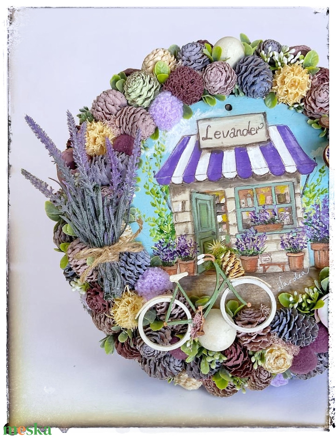 Provence-i levendulás kopogtató � kézműves ajtódísz festménnyel és biciklivel - otthon & életmód - dekoráció - ajtó- és ablak dekoráció - ajtódísz & kopogtató - Meska.hu