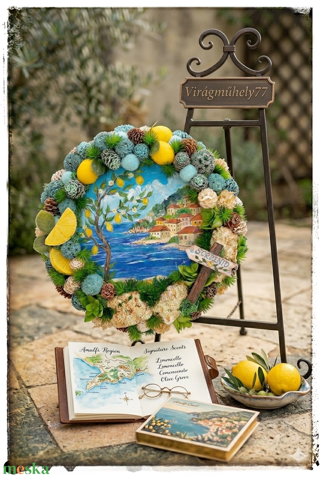 Sorrento hangulatú, egyedi nyári kopogtató � mini festménnyel - otthon & életmód - dekoráció - ajtó- és ablak dekoráció - ajtódísz & kopogtató - Meska.hu
