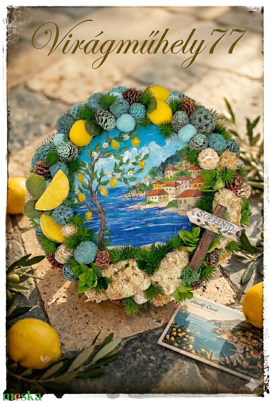 Sorrento hangulatú, egyedi nyári kopogtató � mini festménnyel - otthon & életmód - dekoráció - ajtó- és ablak dekoráció - ajtódísz & kopogtató - Meska.hu