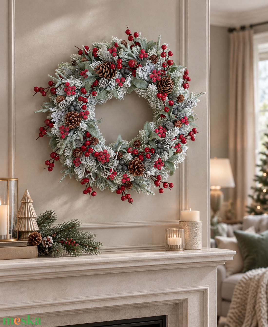 Téli deres pirosbogyós kopogtató  - karácsony - adventi díszek - adventi ajtódísz - Meska.hu
