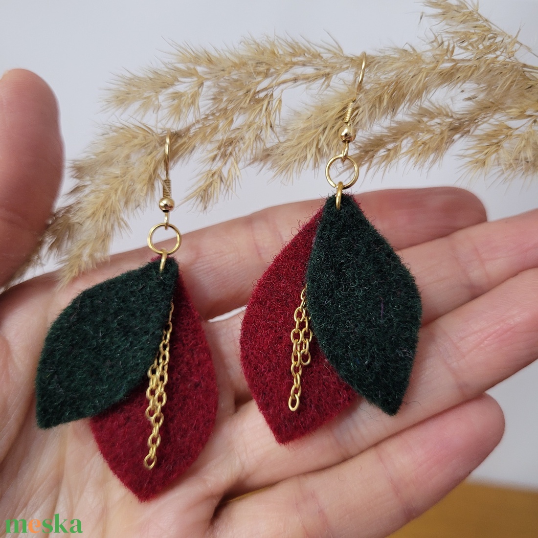 Napfénylevelek aromafülbevaló - bordó, sötétzöld - ékszer - fülbevaló - lógó fülbevaló - Meska.hu