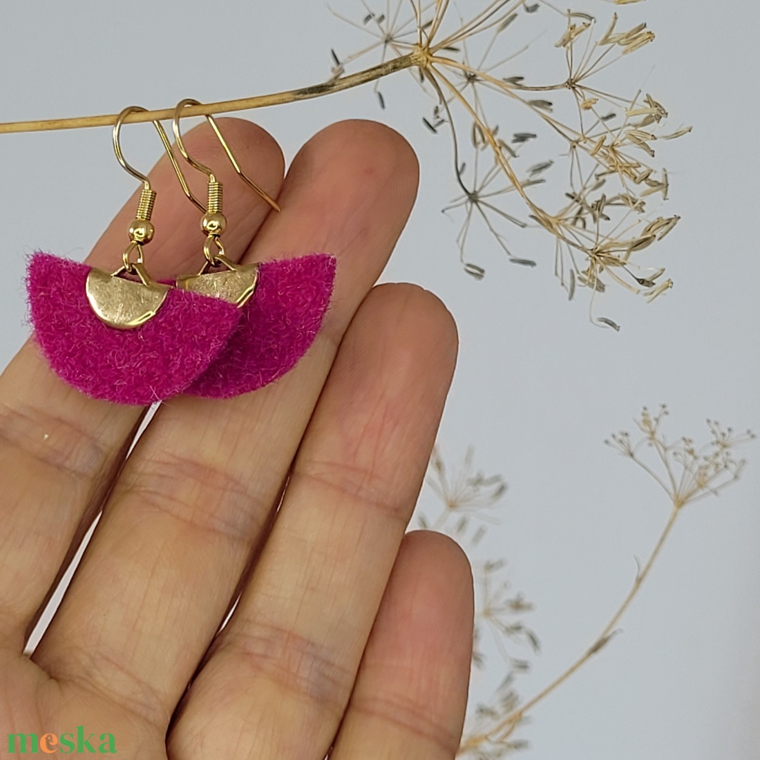 Holdszirmok aromafülbevaló, pink, rózsaszín, fukszia, arany - ékszer - fülbevaló - lógó fülbevaló - Meska.hu