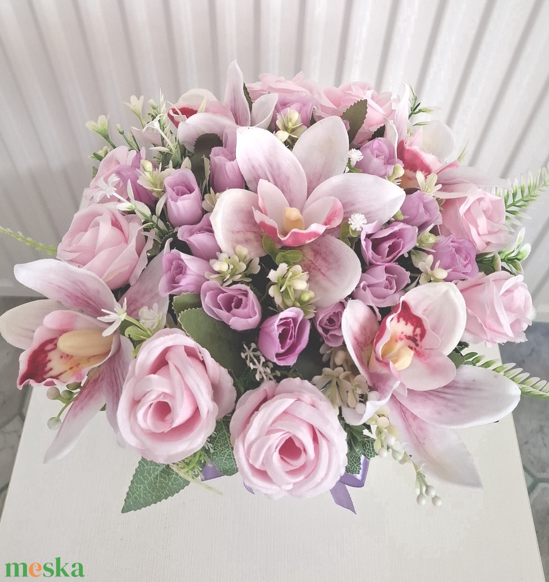 Orchidea rózsa virágbox, virágcsokor asztaldísz, virágdoboz , virágbox - otthon & életmód - dekoráció - virágdísz és tartó - virágbox, virágdoboz - Meska.hu
